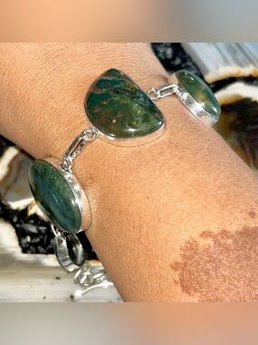 Dark Polished Green & Red Bloodstone Jasper Cabochon Bracelet 7”-8”